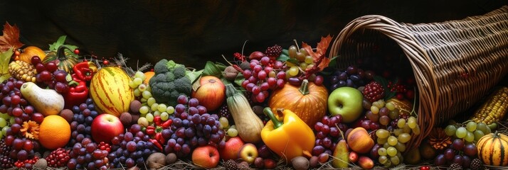 A picturesque cornucopia overflowing with an abundance of seasonal fruits and vegetables