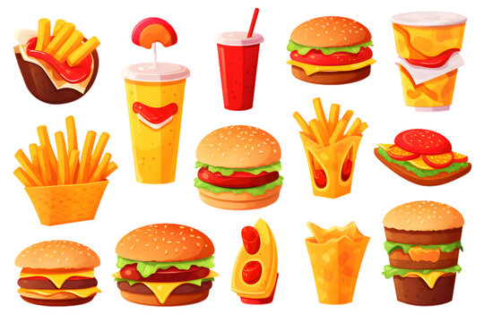 Fast food 3d cartoon vector icon set isolated on white background. Generative AI.