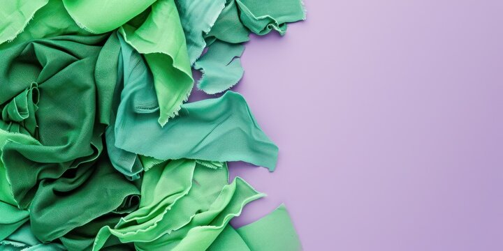 Background with copy space and a cluster of green fabric scraps on a purple surface, representing textile recycling and sustainable fabric use.