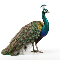 Obraz premium Elegant peacock standing isolated on white background, showcasing its vibrant and colorful feathers.