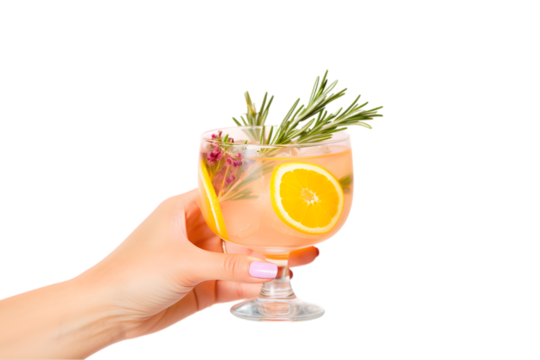 Female hand hold glass of cocktail with citrus and rosemary isolated on white background. Generative AI.