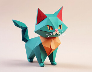 Cat origami paper art isolated on pastel color background. Ideas for DIY hobby (Do It Yourself) for Children.