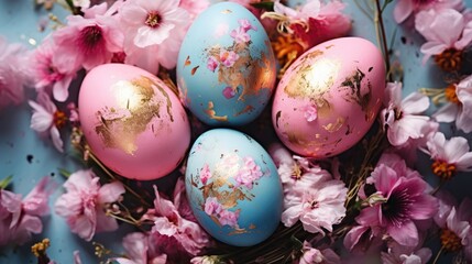 Fototapeta na wymiar Exquisite Easter Eggs Adorned with Gold Amidst Spring Flowers Generative AI