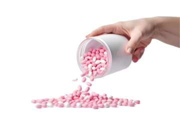 Female hand pouring gel pills from pill bottle isolated on the white background. Generative AI.