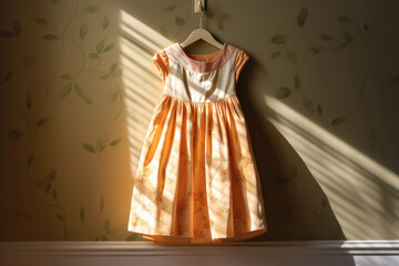 Girl's Dress Hanging in Sunlit Room