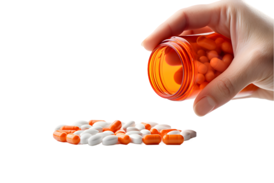 Female hand pouring gel pills from pill bottle isolated on the white background. Generative AI.