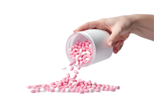 Female hand pouring gel pills from pill bottle isolated on the white background. Generative AI.