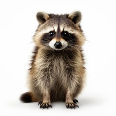 Obraz premium Cute raccoon standing on white background, looking at camera with curious expression.