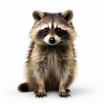 Cute raccoon standing on white background, looking at camera with curious expression. © ardanz
