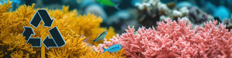 An oceanic banner with copy space and orange recycling symbol stands out against a backdrop of corals , symbolizing the intersection of human environmental initiatives and the natural marine world