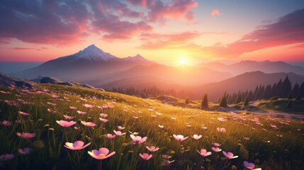 Idyllic Summer Mountain Meadow Aglow with Sunset and Wildflowers Generative AI - obrazy, fototapety, plakaty
