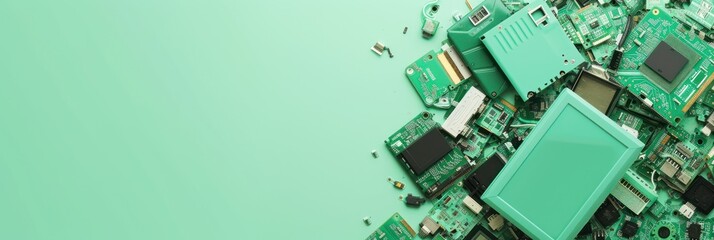 Background with copy space and various disassembled green electronic parts and devices on a light green backdrop. - obrazy, fototapety, plakaty