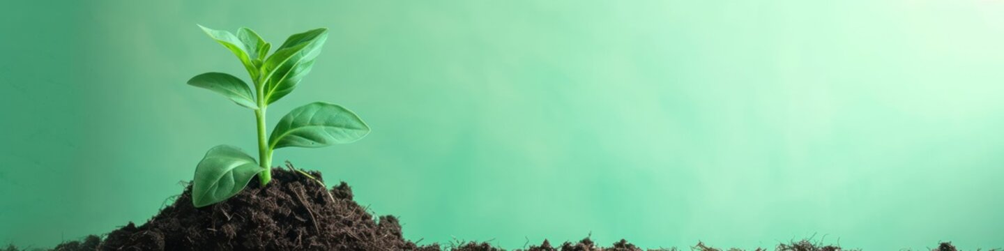 Banner background with copy space and a young green plant sprouting from compost soil on a mint green backdrop.