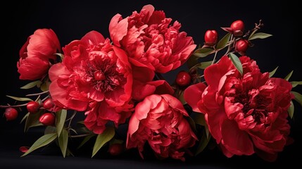 A bouquet of red peonies on a dark background. Congratulations on Mother's Day, Valentine's Day, Women's Day. Romantic background and greeting card.