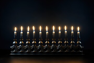 Illuminated Hanukkah Menorah Against Dark Backdrop