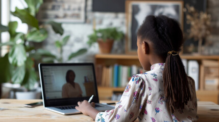 young girl engaged in an online learning session, writing notes while participating in a video call with a teacher on her laptop at a home study setup
