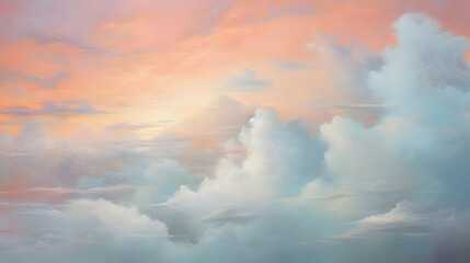 Fototapeta na wymiar Oil painting of the pastel sky with fluffy clouds.