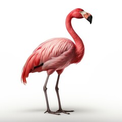 Elegant flamingo standing isolated on white background, with detailed feathers and vibrant pink color.