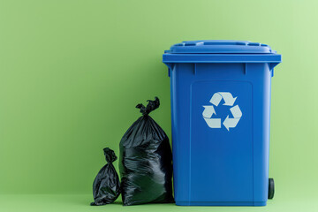 Background with copy space and a large blue recycling container next to black trash bags on a lime green backdrop, emphasizing the separation of recyclables from waste. - obrazy, fototapety, plakaty