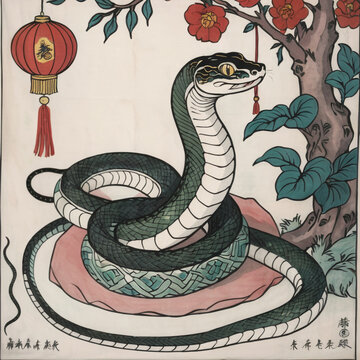 Happy Lunar New Year, Year of the Snake! Chinese New Year celebration card template old Chinese painting "The year of the snake".