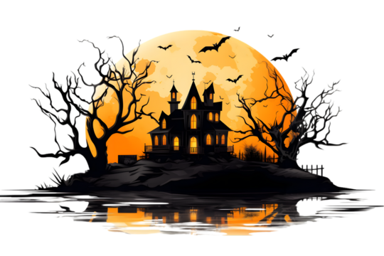 Halloween illustration with silhouette of house at glowing moon and dead trees 3D rendering isolated on white background. Generative AI.