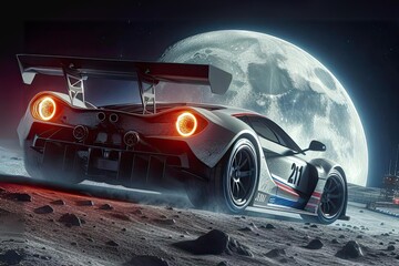 Sports Racing Car F1 race on Moon surface realistic action adventure scene concept of hyper cars drifting on moon MARS planet open cinematic field mountain desert racing rocks surface poster wallpaper