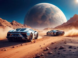 Photo sur Plexiglas F1 Sports Racing Car F1 race on Moon surface realistic action adventure scene concept of hyper cars drifting on moon MARS planet open cinematic field mountain desert racing rocks surface poster wallpaper