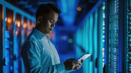 Focused IT professional using a laptop while standing in a server room with racks of network equipment illuminated by blue lights