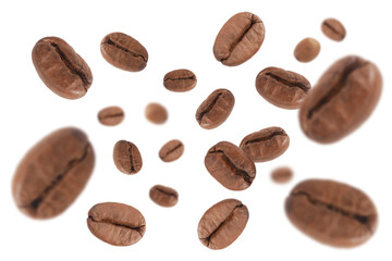 Coffee beans in the air close -up isolated on white background.