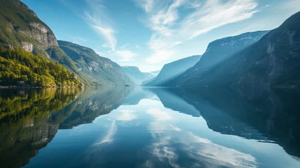 Papier Peint photo Réflexion A calm lake surrounded by mountains, reflecting the serene beauty of nature, suitable for a travel or outdoor-themed website