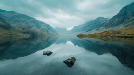 Photo sur Plexiglas Réflexion A calm lake surrounded by mountains, reflecting the serene beauty of nature, suitable for a travel or outdoor-themed website
