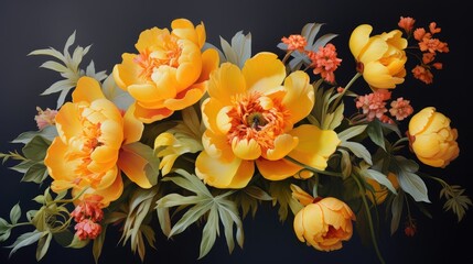 A bouquet of yellow peonies on a dark background. Congratulations on Mother's Day, Valentine's Day, Women's Day. Romantic background and greeting card.