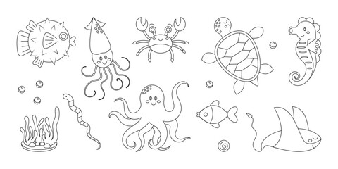 Sea animals coloring page. Cute cartoon characters set. Ocean turtle, crab, star, sea ​​horse, seaweed. Doodle style. Outline vector illustration for coloring book. 