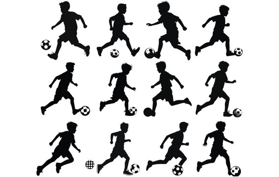 Kids playing soccer silhouettes, footballer, kids with ball