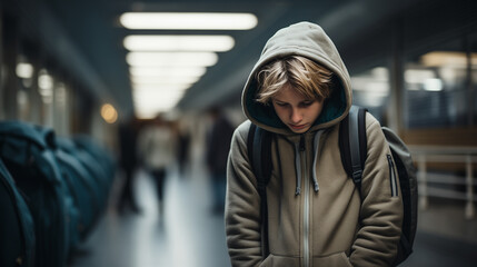 Sad boy  at school. Bullying at school, stands on the background of a school