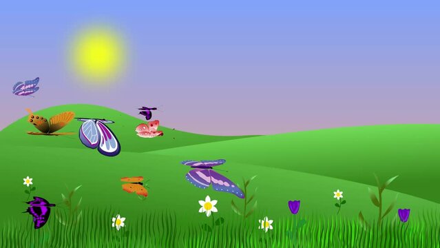 Summer environment animation with butterflies and fields, flat graphic cartoon background