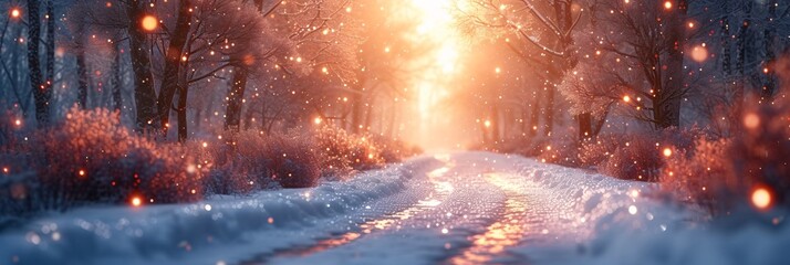 Snowy Pathway in the Woods: A Wintery Scene with a Sunset Glow Generative AI