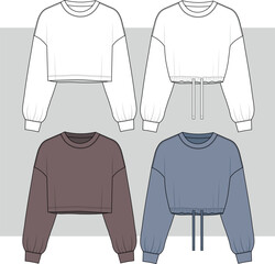 Women Long Sleeves Crop Sweatshirt fashion flat sketch template. Girls Technical Fashion Illustration. hoodie, sweatshirt drawing set. - obrazy, fototapety, plakaty