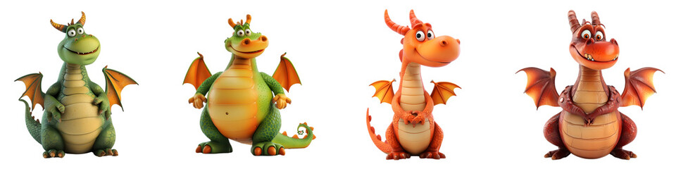 Set of Friendly Cartoon Dragons, Fantasy Creatures Isolated on Transparent Background