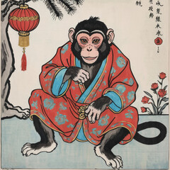 Happy Lunar New Year, Year of the Monkey! Chinese New Year celebration card template old Chinese painting "The year of the monkey".