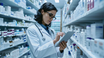 Female pharmacist or healthcare professional taking inventory or reviewing a clipboard in a pharmacy with shelves stocked with various medications.