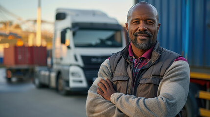 Fototapeta na wymiar Confident male truck driver standing with his arms crossed in front of a truck, smiling at the camera during a sunny day.