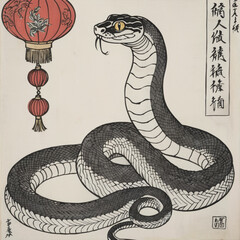 Fototapeta premium Happy Lunar New Year, Year of the Snake! Chinese New Year celebration card template old Chinese painting 