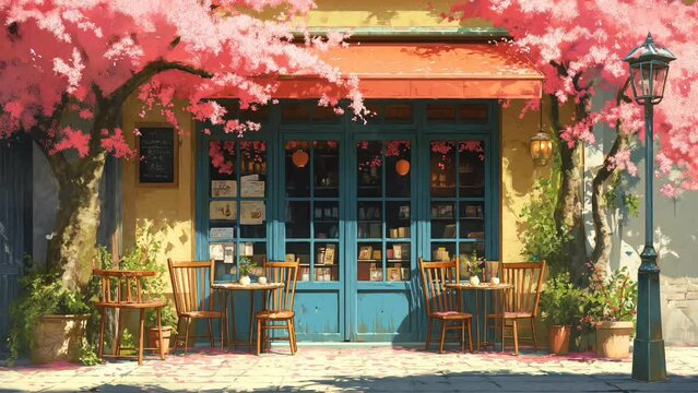 Coffee shop on cozy spring morning. seamless looping 4k time-lapse animation video background