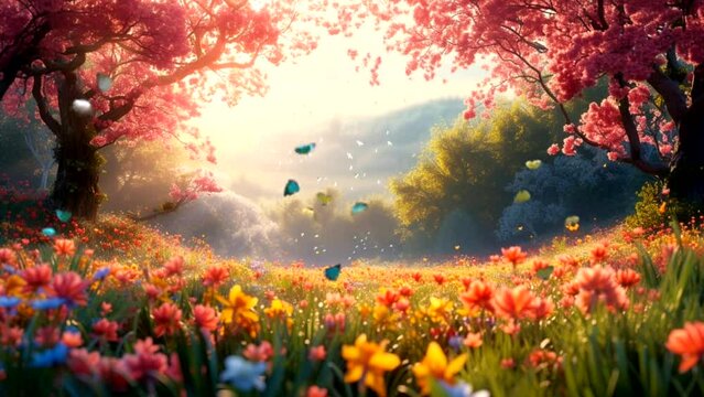 Spring scenery in a colorful flower field with colorful deciduous trees and butterflies in the morning Seamless looping time-lapse animation Video background Generated AI
