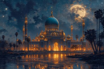 Moonlit Night at the Grand Mosque Generative AI - obrazy, fototapety, plakaty