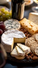Fototapeta premium A variety of cheeses, grapes, and crackers are arranged on a slate board.