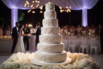 A beautiful giant wedding cake adorned with flowers, a sweet centerpiece for celebration and love. - obrazy, fototapety, plakaty