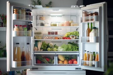 An open refrigerator, holding a variety of fresh vegetables and fruits.