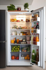A fresh and healthy assortment of fruits, vegetables, and dairy in an open refrigerator.